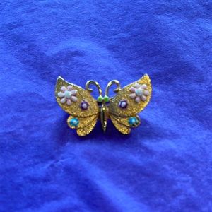 Vintage 70s Gold-Plated Butterfly Pin with Ink Flowers – Retro Brooch
